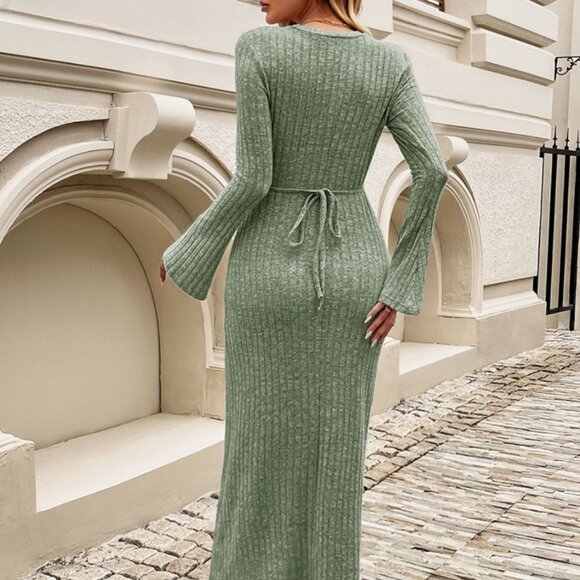 Devine Tied Round Neck Long Sleeve Midi Dress - Picture 7 of 9